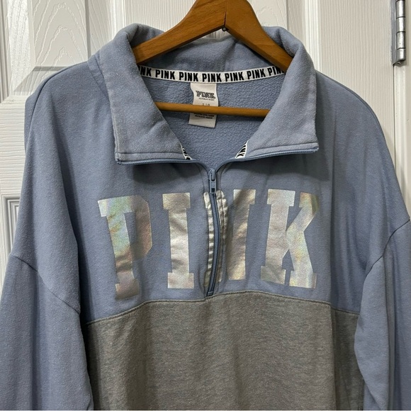 PINK Victorias Secret Blue Half Zip Holographic Spell Out Pullover Women’s Sz L - Picture 3 of 7